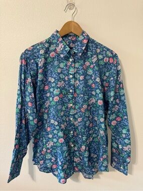 Vintage Liberty of London Floral Button Up Long Sleeve Blouse  Blue Pink-14 US
